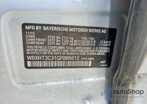 2016 BMW X1 xDrive28I из США, поврежденный, VIN WBXHT3C31GP886612